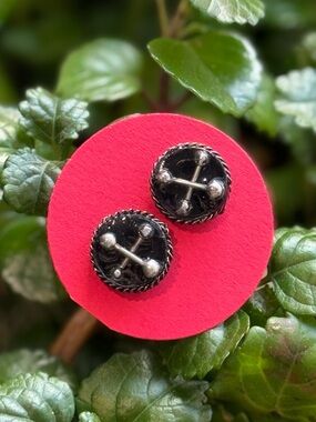 Black & Silver Round Button Earrings